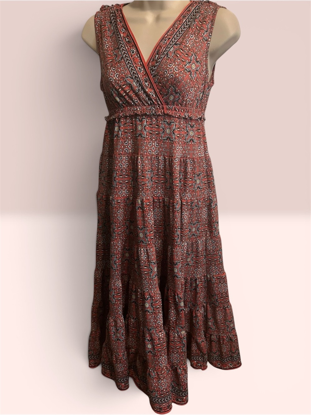 Max Studio Boho V-Neck Maxi Dress in Rust Floral Tiered size XS